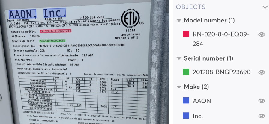 The detection of serial and model numbers, with options for manual correction.