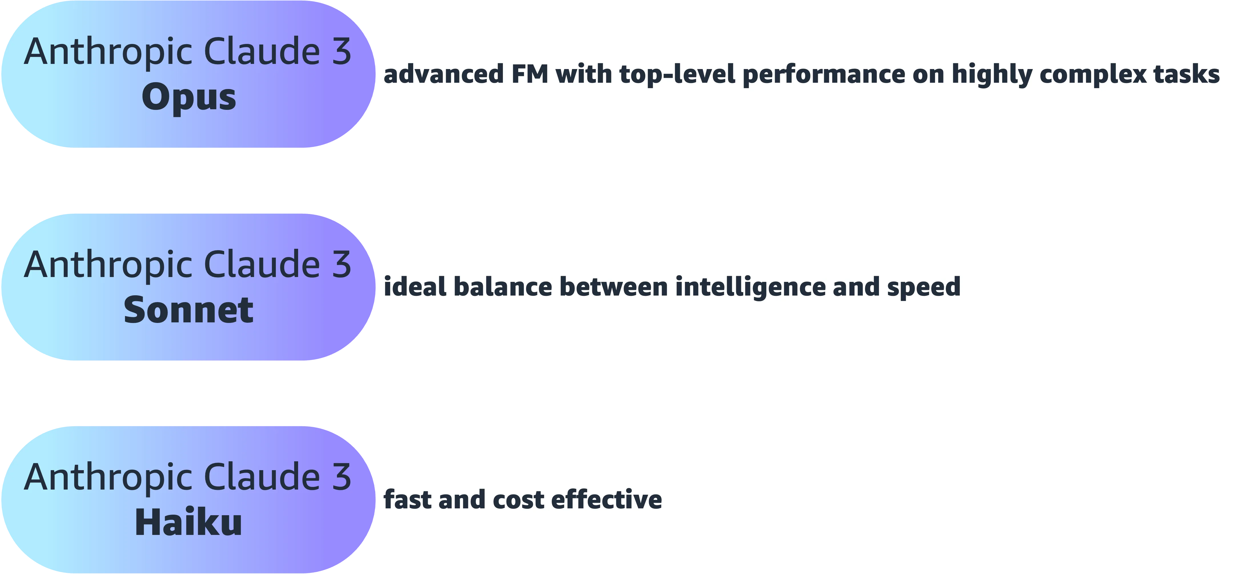 Ops - advanced FM with top-level performance on highly complex tasks, Sonnet is an ideal balance between intelligence and speed and Haiku is fast and cost effective