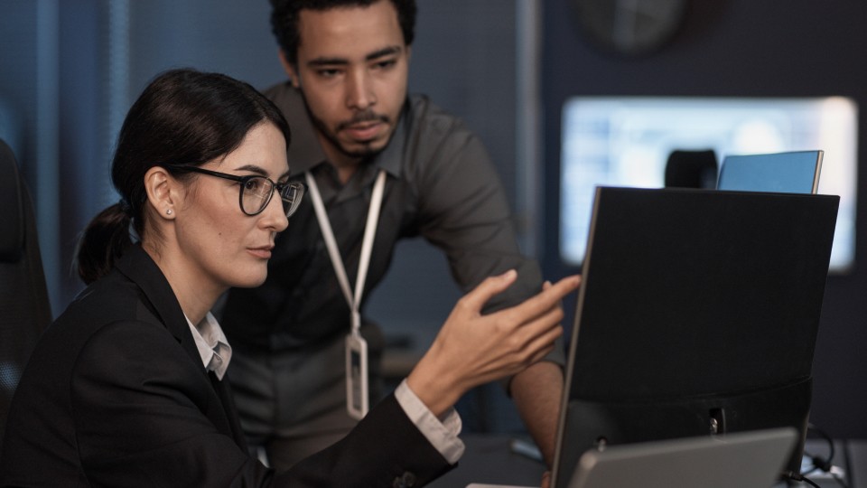 Colleagues looking at screen 